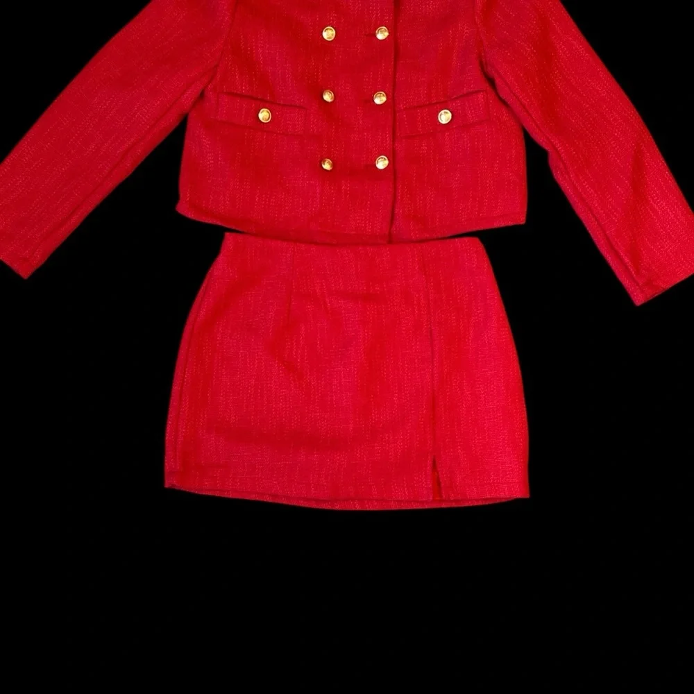 SHEIN red textured tweed two-piece skirt suit set size large